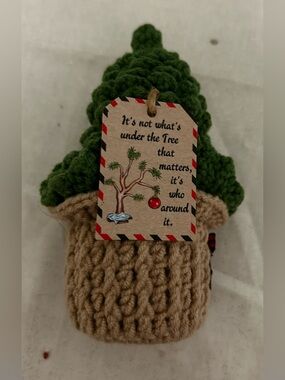 Handmade Green & Tan Knit Holiday Tree Ornament - Cozy Home Holiday Decor